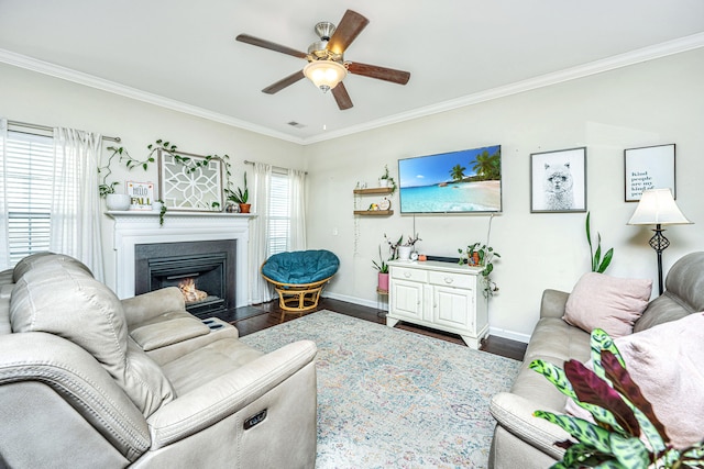 living room featuring ornamental molding, ceiling fan, and dark wood-type flooring