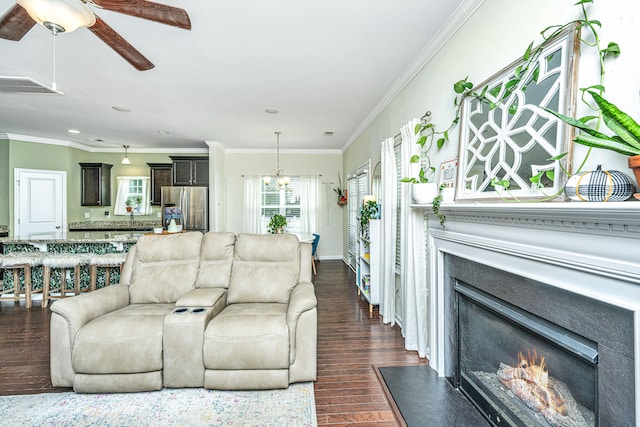 living room featuring ceiling fan with notable chandelier, dark hardwood / wood-style flooring, and crown molding