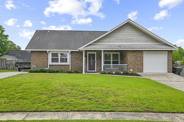 view of front facade featuring brick siding, a porch, an attached garage, concrete driveway, and a shingled roof