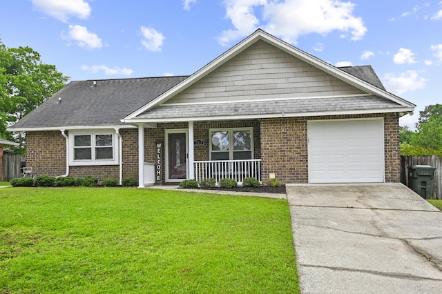view of front facade with brick siding, a porch, an attached garage, concrete driveway, and a shingled roof