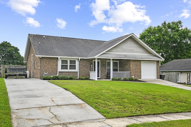 view of front facade with a porch, concrete driveway, brick siding, and a garage