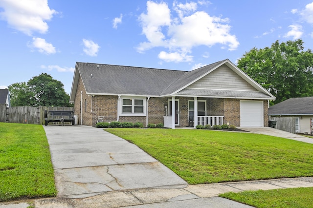 view of front of home featuring concrete driveway, covered porch, brick siding, and an attached garage