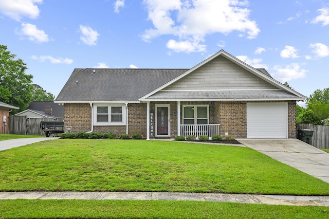 view of front of property with a porch, a garage, brick siding, concrete driveway, and a shingled roof