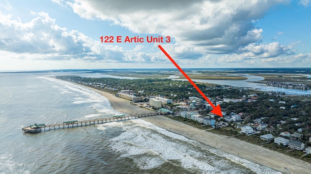 aerial view featuring a water view and a view of the beach