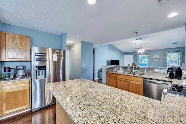 kitchen featuring sink, vaulted ceiling, dark hardwood / wood-style flooring, stainless steel appliances, and light stone countertops