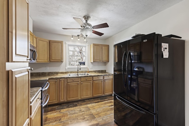 127 Ridge Rd, Summerville, SC 29485 - kitchen with appliances with stainless steel finishes, dark wood-type flooring, a textured ceiling, ceiling fan, and sink