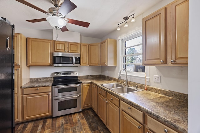 127 Ridge Rd, Summerville, SC 29485 - kitchen with stainless steel appliances, a textured ceiling, ceiling fan, dark hardwood / wood-style flooring, and sink