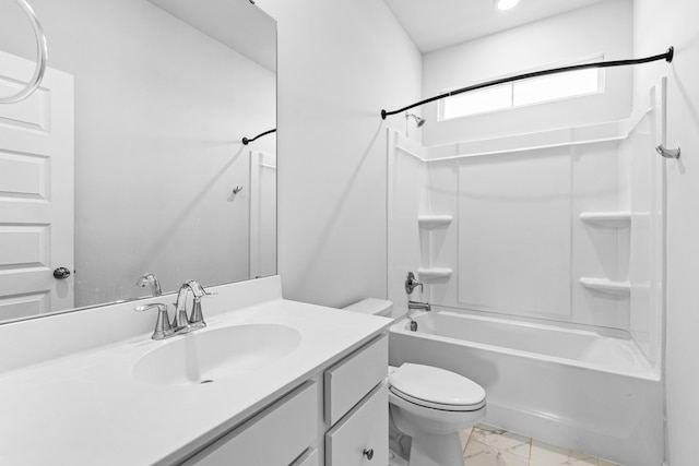 full bathroom featuring shower / bathing tub combination, vanity, and toilet