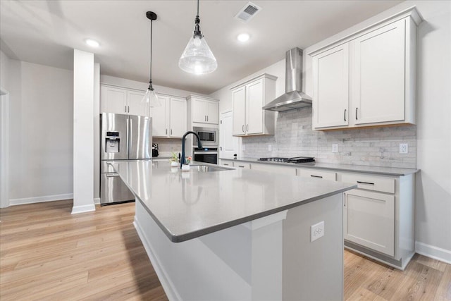 kitchen featuring sink, a center island with sink, wall chimney range hood, and appliances with stainless steel finishes