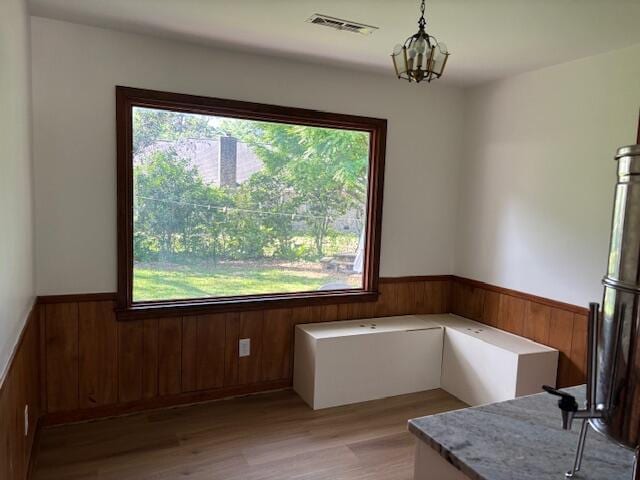 unfurnished dining area featuring wood walls, wainscoting, and a healthy amount of sunlight