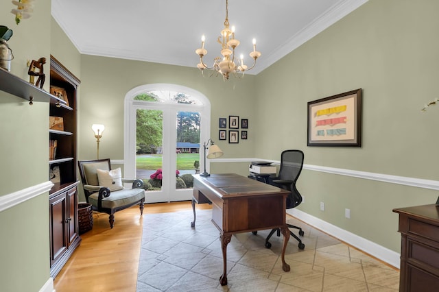 office area featuring crown molding, baseboards, light wood-style floors, french doors, and a notable chandelier