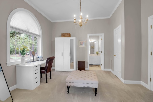 office area with light colored carpet, crown molding, baseboards, and a chandelier