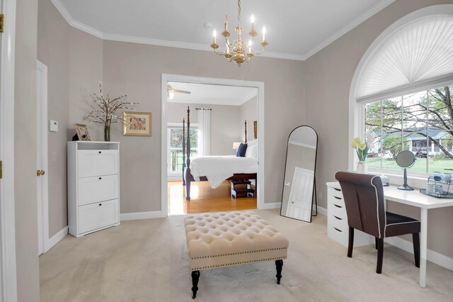 office featuring a chandelier, crown molding, and light carpet