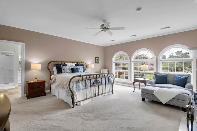 bedroom featuring carpet flooring, ornamental molding, baseboards, and visible vents