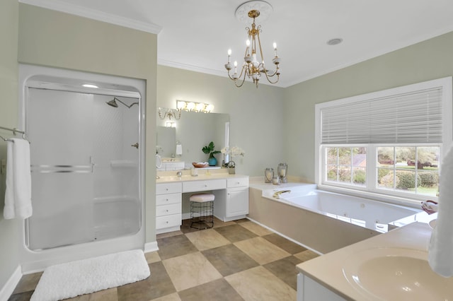 full bathroom with crown molding, a tub with jets, vanity, a stall shower, and a notable chandelier