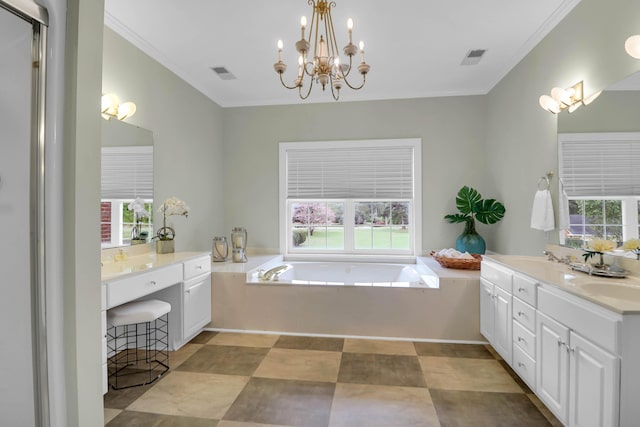 full bathroom with visible vents, crown molding, a notable chandelier, and vanity