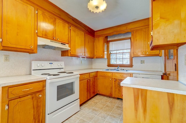 kitchen with tasteful backsplash, sink, and white appliances