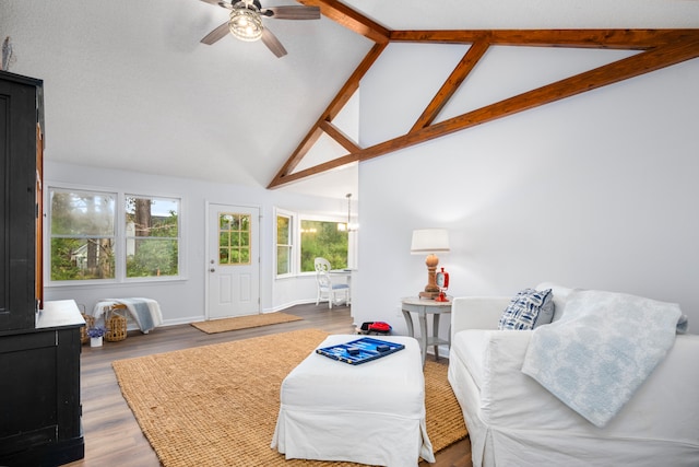 interior space featuring vaulted ceiling with beams, ceiling fan, and dark wood-type flooring