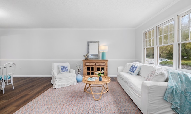 living room featuring dark wood-type flooring and ornamental molding