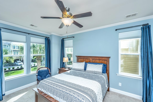 1253 Dingle Rd, Mount Pleasant, SC 29466 - bedroom featuring light colored carpet, crown molding, multiple windows, and a ceiling fan
