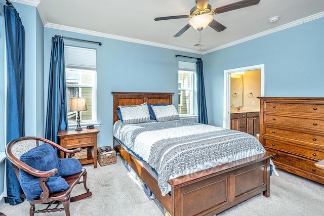 1253 Dingle Rd, Mount Pleasant, SC 29466 - bedroom featuring light colored carpet, ornamental molding, a ceiling fan, and connected bathroom
