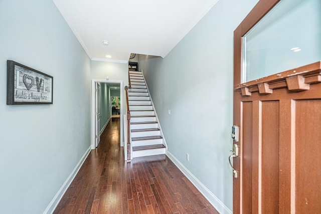 1253 Dingle Rd, Mount Pleasant, SC 29466 - entrance foyer featuring ornamental molding, stairs, dark wood-style floors, and recessed lighting