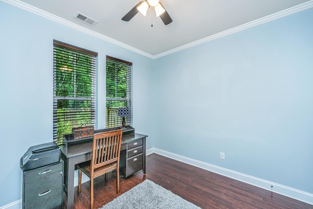 1253 Dingle Rd, Mount Pleasant, SC 29466 - home office with ceiling fan, ornamental molding, and dark wood finished floors