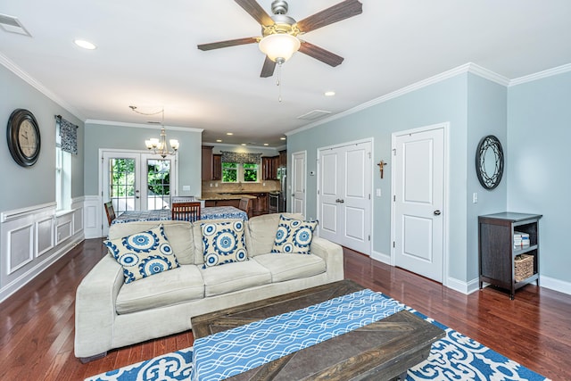 1253 Dingle Rd, Mount Pleasant, SC 29466 - living area with dark wood-type flooring, a chandelier, recessed lighting, crown molding, and ceiling fan