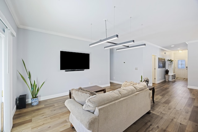 living room with ornamental molding and hardwood / wood-style flooring