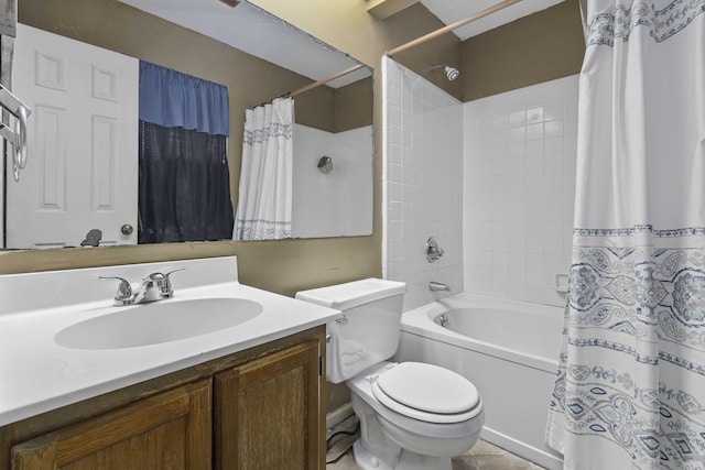 full bathroom featuring toilet, vanity, and shower / bathtub combination with curtain