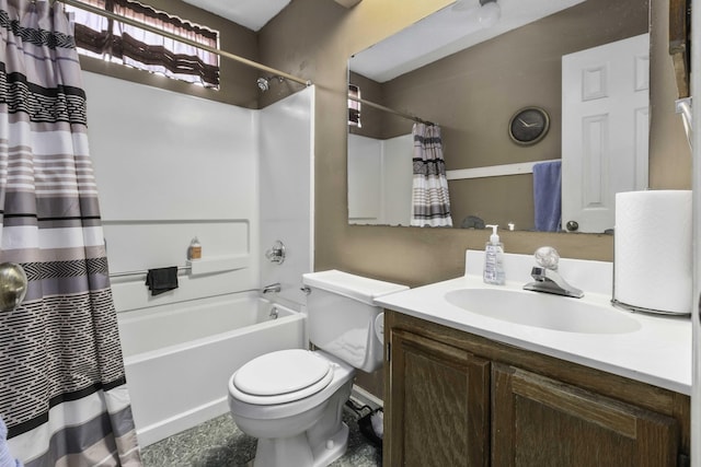 full bathroom with vanity, shower / bath combo, and toilet