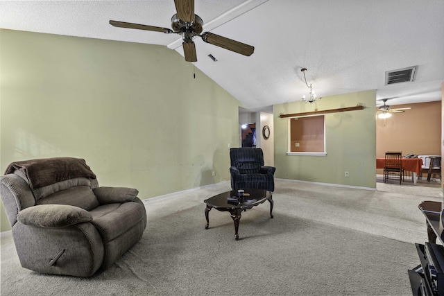 living room featuring ceiling fan, high vaulted ceiling, carpet, and a textured ceiling