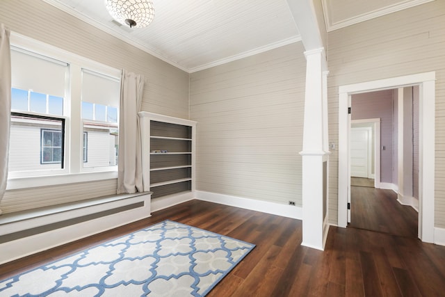 222 E Main St, Moncks Corner, SC 29461 - empty room with ornate columns, ornamental molding, baseboards, and dark wood finished floors