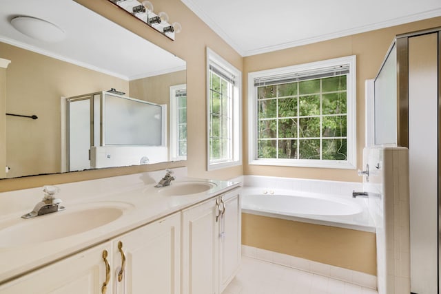 103 Retriever Ln, Goose Creek, SC 29445 - full bathroom with a stall shower, a bath, ornamental molding, and double vanity