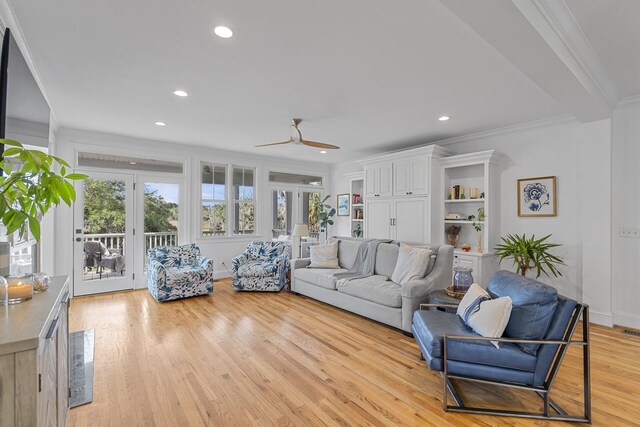228 Beresford Creek St, Charleston, SC 29492 - living room featuring ornamental molding, ceiling fan, light wood-style flooring, and recessed lighting