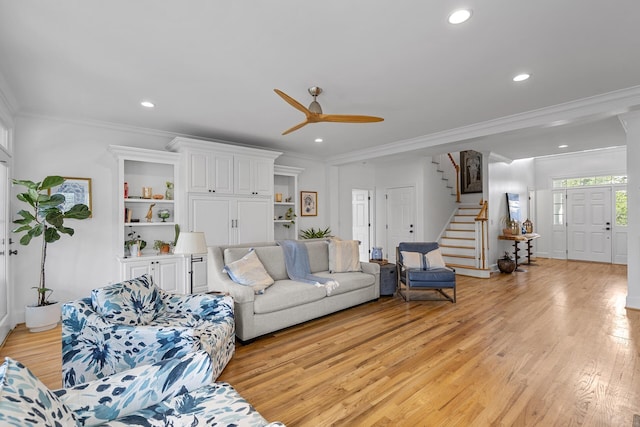 228 Beresford Creek St, Charleston, SC 29492 - living room with stairs, light wood-style flooring, recessed lighting, a ceiling fan, and ornamental molding