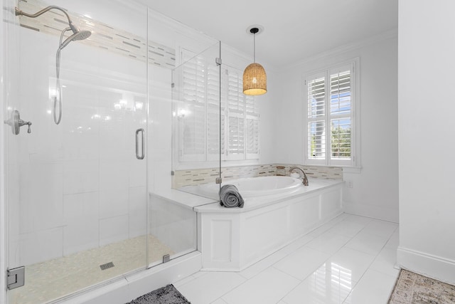 228 Beresford Creek St, Charleston, SC 29492 - bathroom with a stall shower, a bath, crown molding, and tile patterned floors