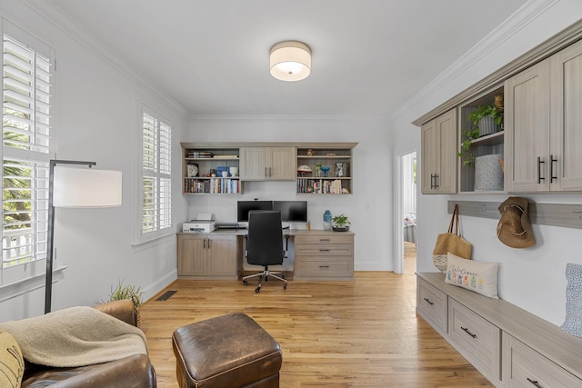 228 Beresford Creek St, Charleston, SC 29492 - office space featuring light wood-type flooring, crown molding, and built in desk
