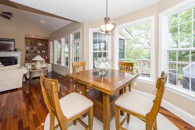 dining space featuring dark hardwood / wood-style flooring, a healthy amount of sunlight, and vaulted ceiling