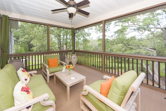 sunroom / solarium with wood ceiling, a healthy amount of sunlight, and ceiling fan