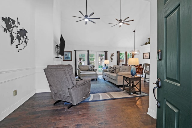 living room with high vaulted ceiling, ceiling fan, and dark hardwood / wood-style flooring