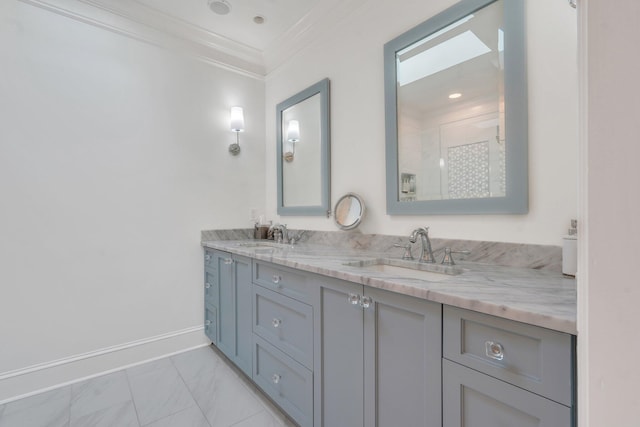 full bathroom with crown molding, a shower stall, marble look tile flooring, double vanity, and baseboards