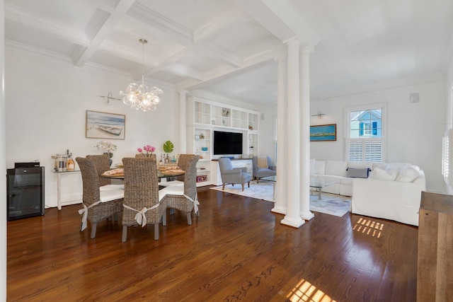dining room featuring decorative columns, ornamental molding, dark wood-style flooring, beamed ceiling, and a chandelier
