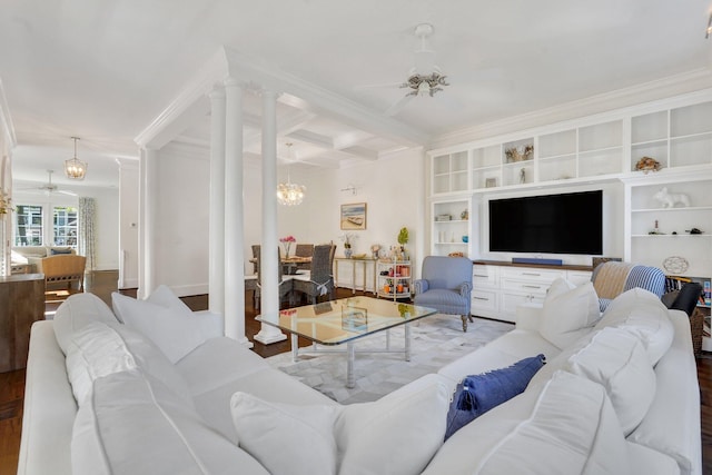 living area featuring a ceiling fan, ornate columns, ornamental molding, coffered ceiling, and beam ceiling