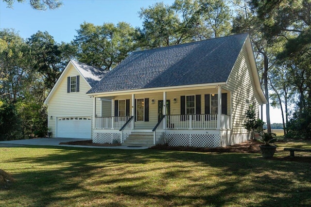 view of front of home with a porch and a front lawn