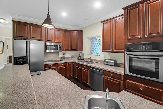 2494 Cape Rd, Johns Island, SC 29455 - kitchen featuring stainless steel appliances, crown molding, light countertops, tasteful backsplash, and decorative light fixtures