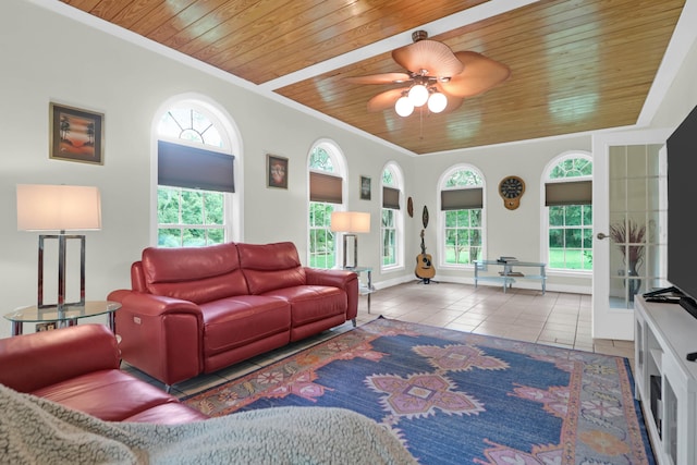 2494 Cape Rd, Johns Island, SC 29455 - living area with wooden ceiling, tile patterned floors, a ceiling fan, and crown molding