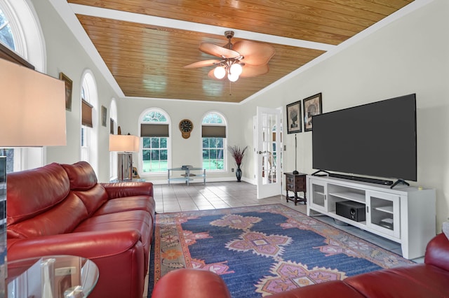 2494 Cape Rd, Johns Island, SC 29455 - living room with wood ceiling, ceiling fan, plenty of natural light, crown molding, and tile patterned floors