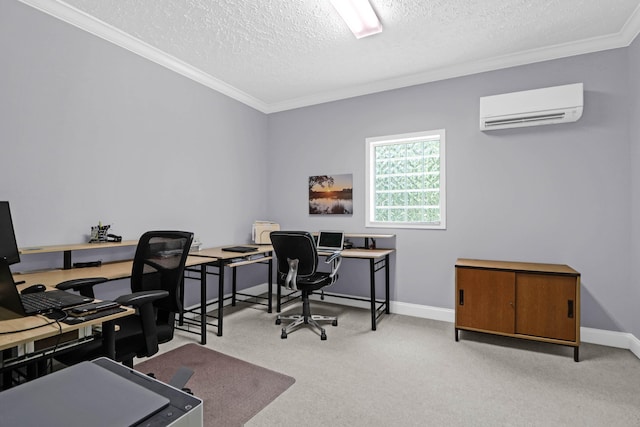 2494 Cape Rd, Johns Island, SC 29455 - home office with an AC wall unit, ornamental molding, a textured ceiling, and light carpet