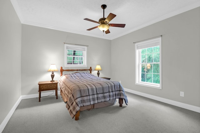 2494 Cape Rd, Johns Island, SC 29455 - bedroom with multiple windows, crown molding, carpet, a textured ceiling, and ceiling fan